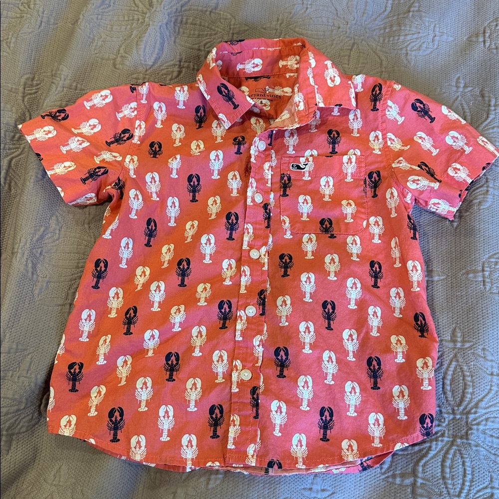 Vineyard Vines Size 5 Lobster Print Salmon color Button-Up Short Sleeve Shirt